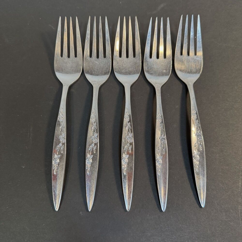 Vtg SRI Rose Stainless Steel  Japan Salad Forks  Set Of 5 Silverware MCM
